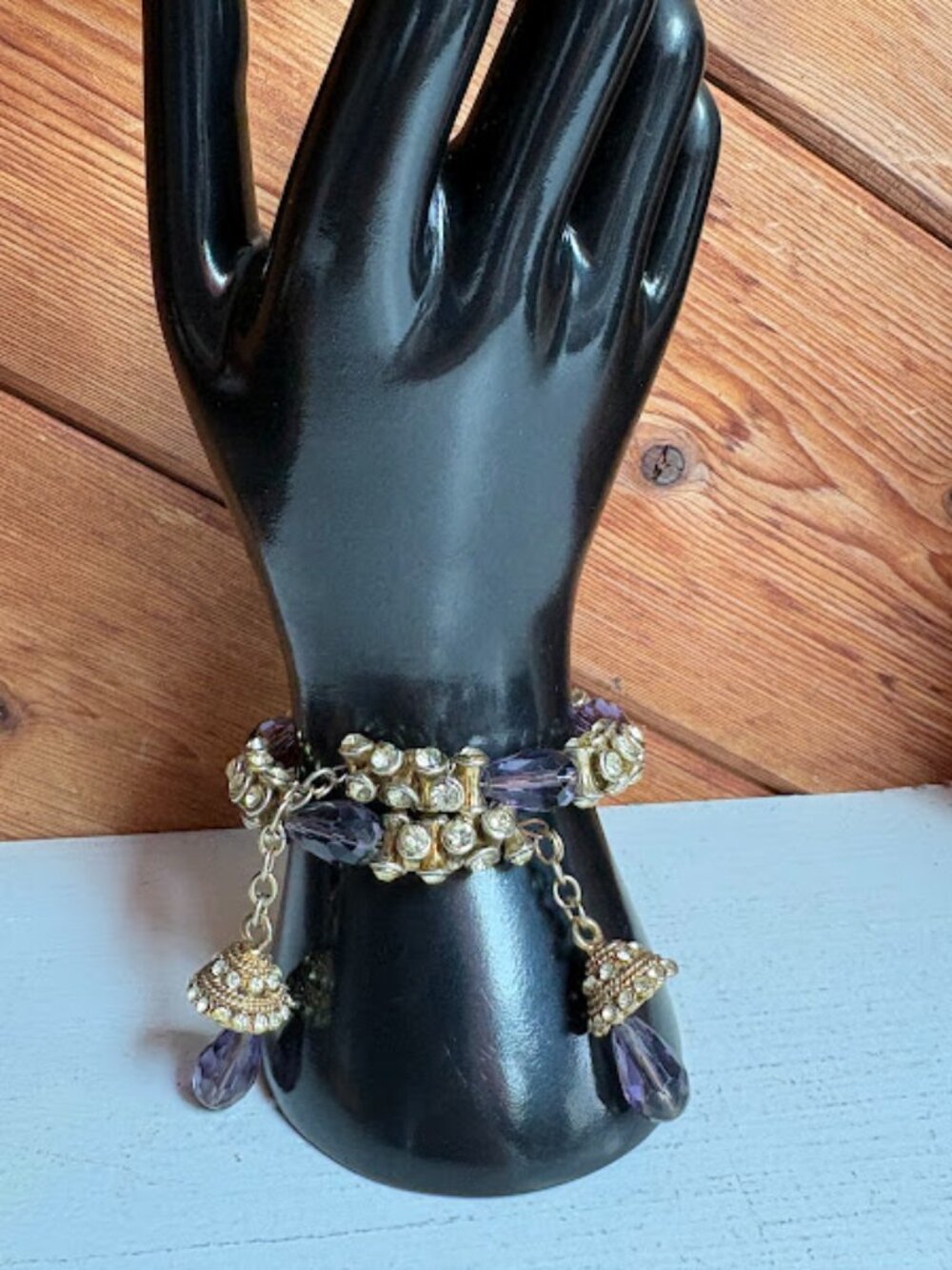 Vintage Purple Faceted & Rhinestones Bracelet W/ Tassels